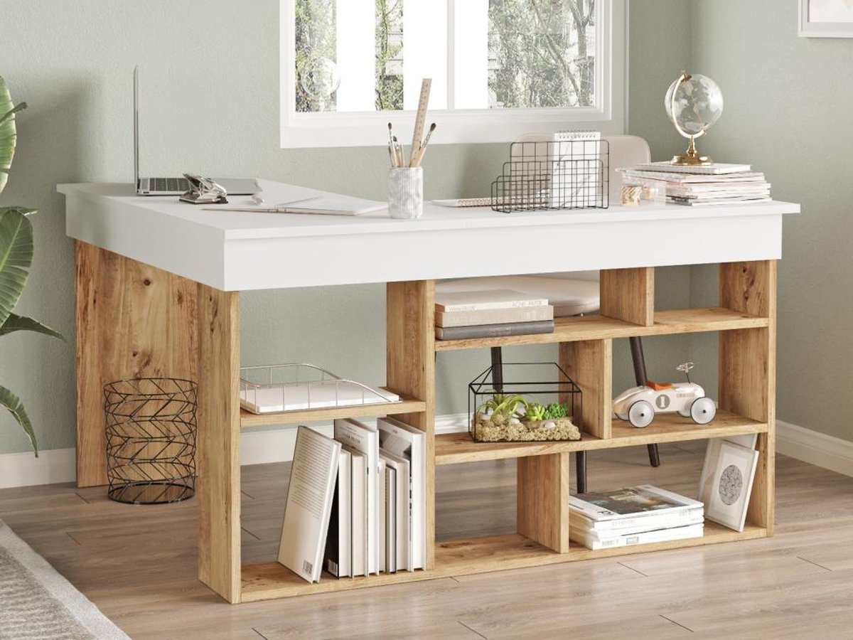 Hoekbureau met opbergruimte - Wit en naturel - LILEUL B 129 cm x H 72 cm x D 120 cm