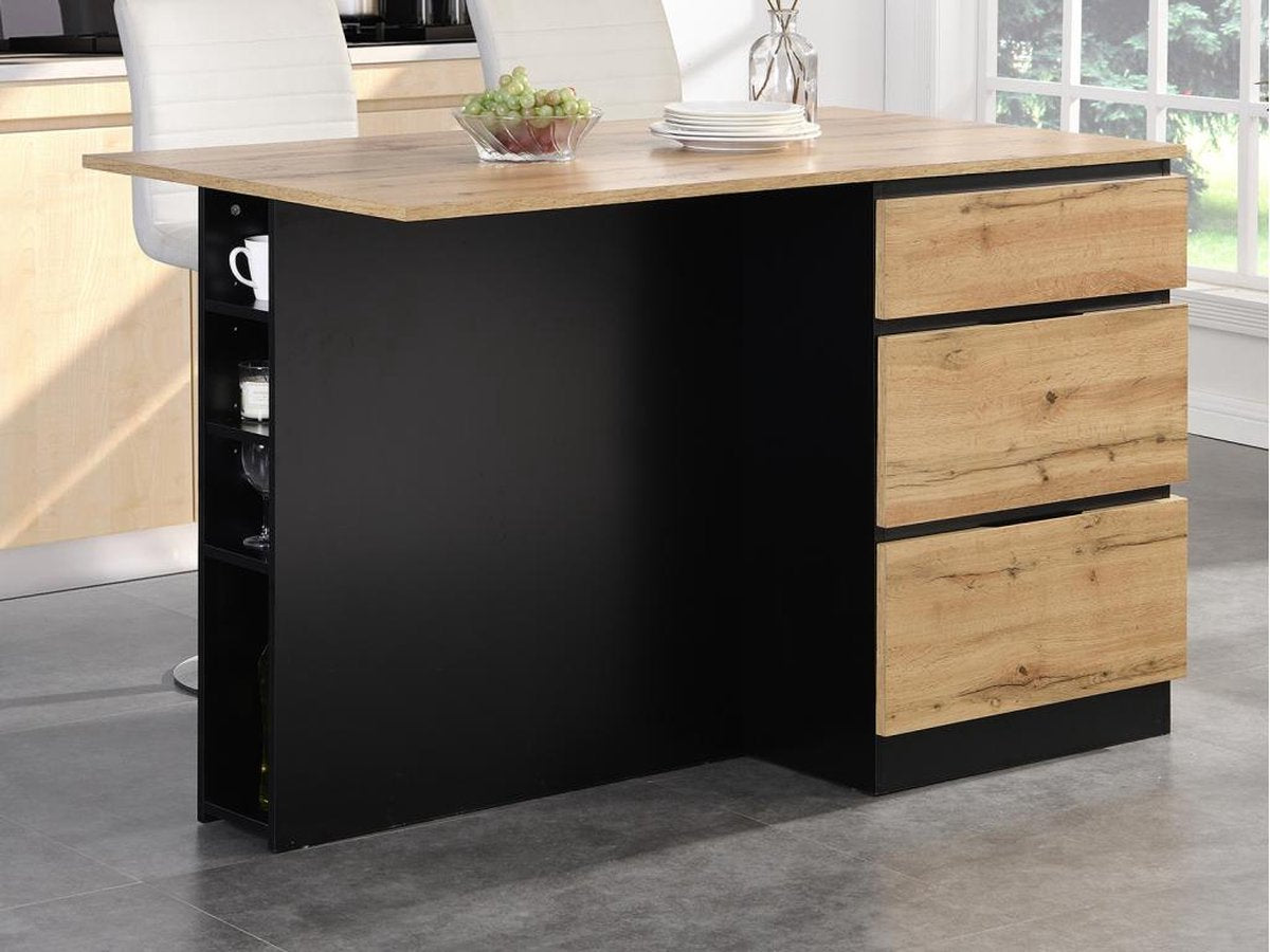 Vente-unique Centraal keukeneiland met 6 lades en 4 nissen van mdf - Licht naturel en zwart - POMARELA L 140 cm x H 91 cm x D 80 cm