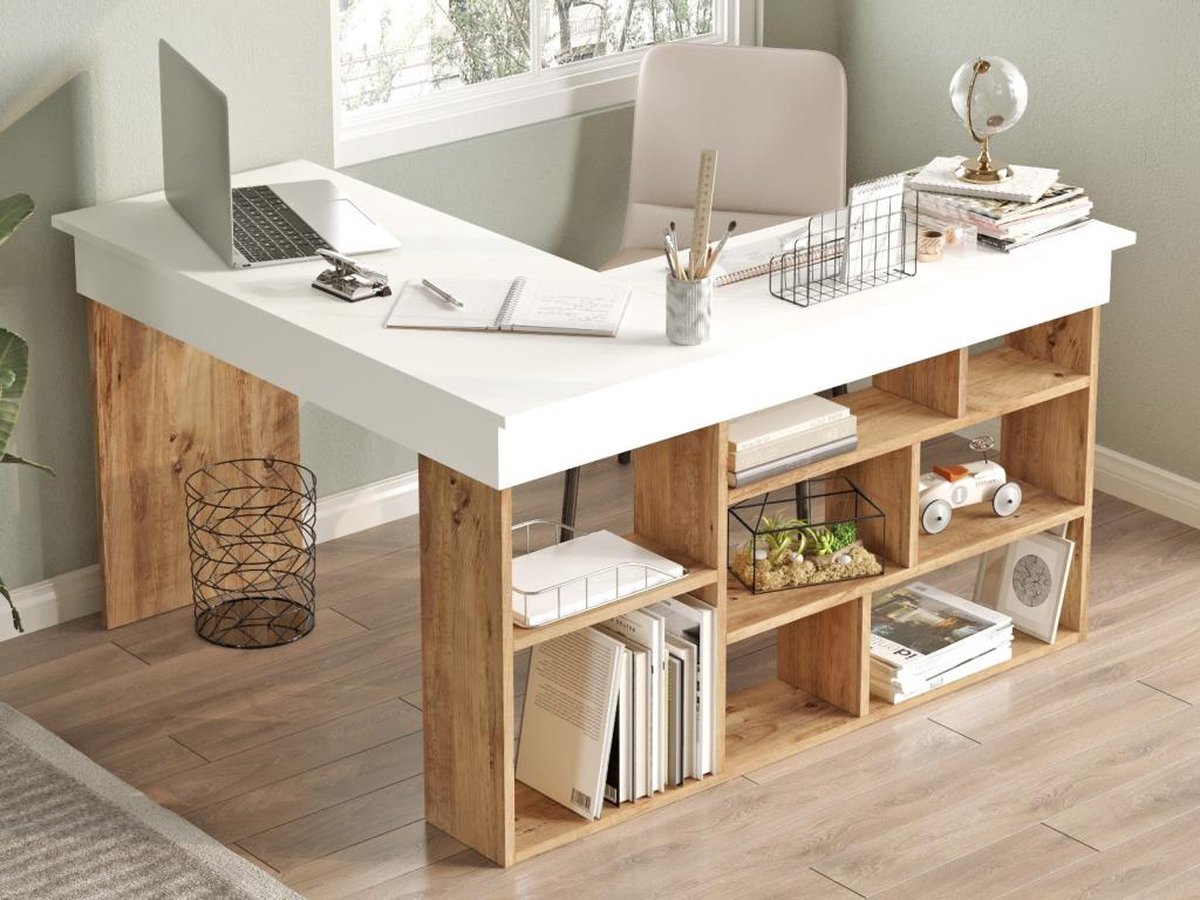 Hoekbureau met opbergruimte - Wit en naturel - LILEUL B 129 cm x H 72 cm x D 120 cm