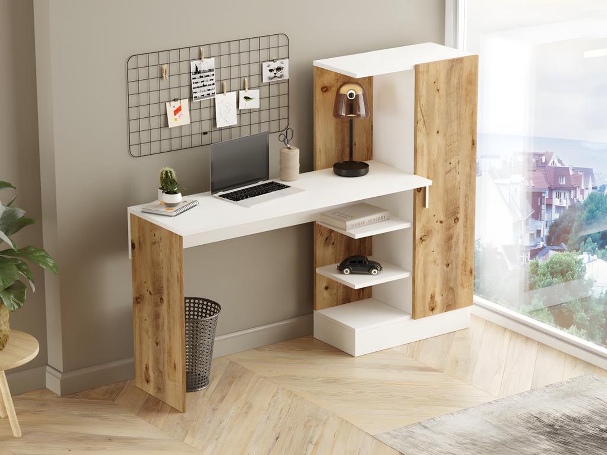Bureau met Kast Combinatie - Stijlvol Eiken & Wit - Ruimtebesparend 152,3x120x40cm - Duurzaam Melamine