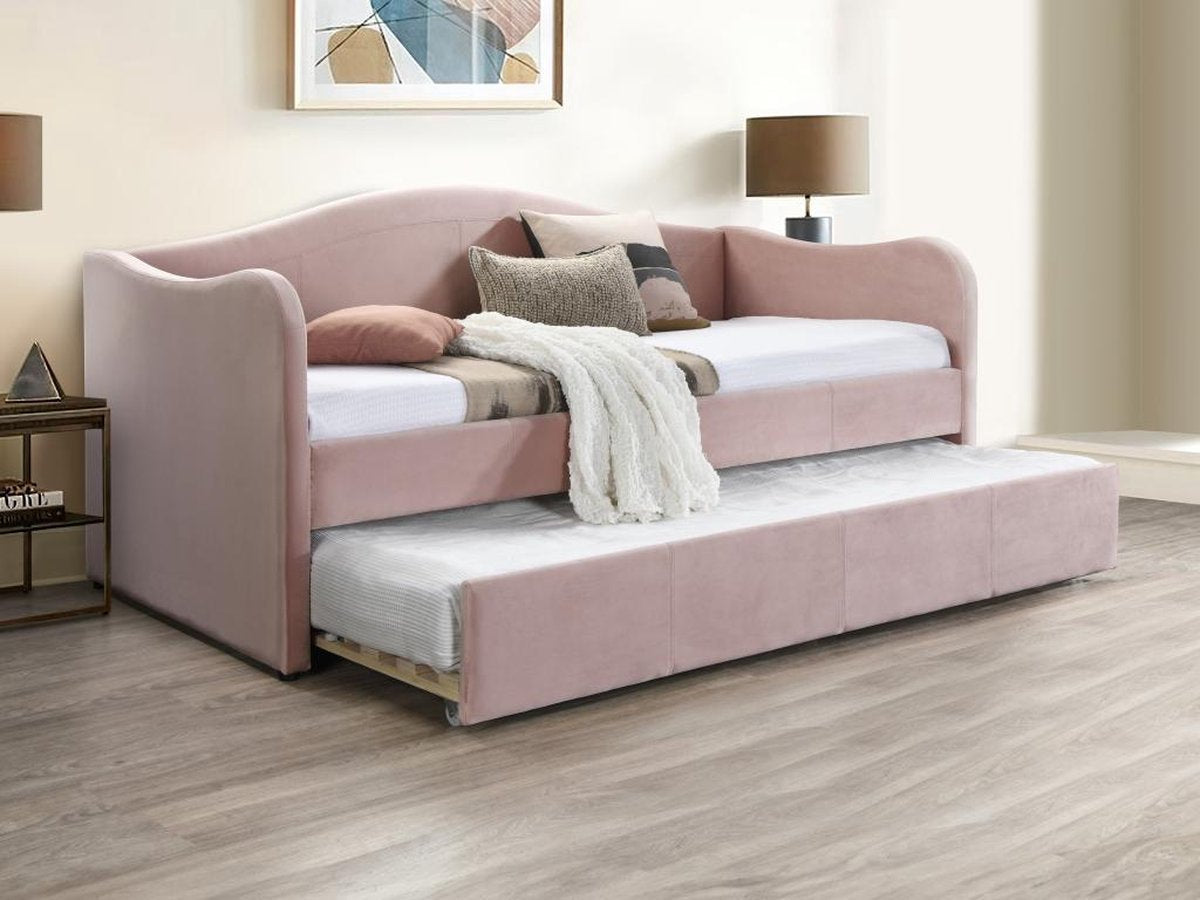 Vente-unique Daybed met uitschuifbed 2 x 90 x 190 cm - Fluweel - Roze - MATHILDE L 203 cm x H 99 cm x D 101.5 cm