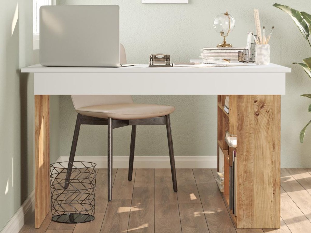 Hoekbureau met opbergruimte - Wit en naturel - LILEUL B 129 cm x H 72 cm x D 120 cm