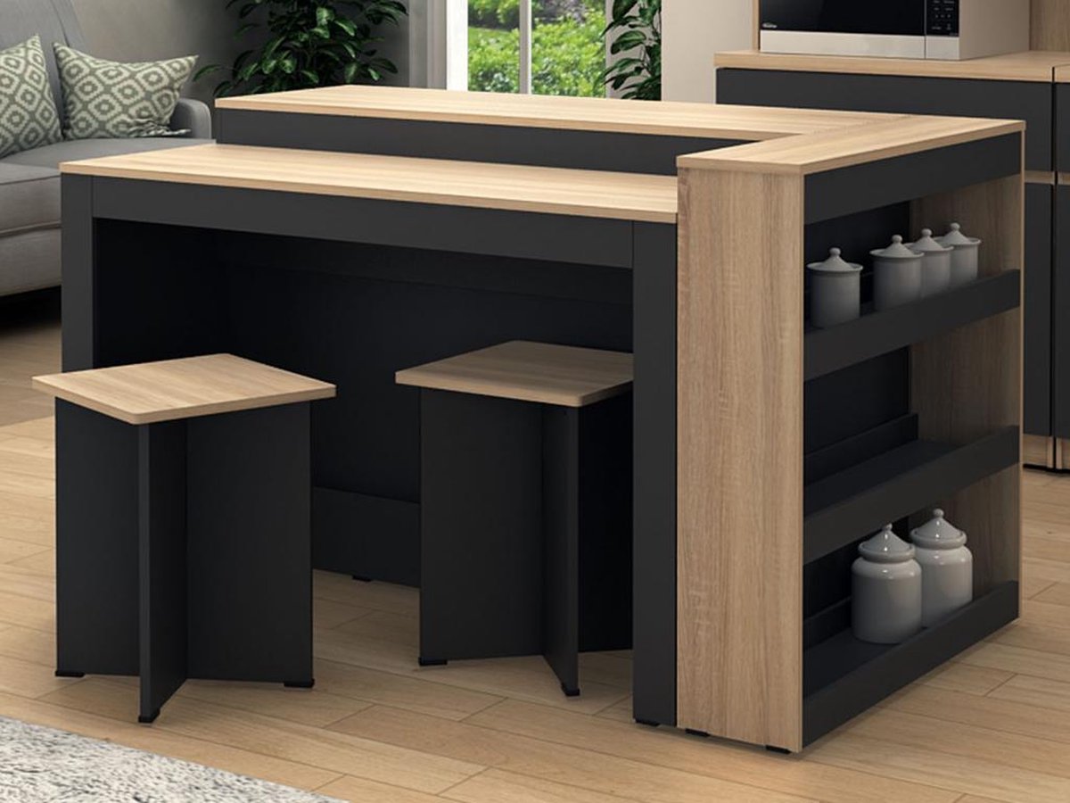 Vente-unique Keukeneilandset + 2 krukken - Zwart en licht naturel - NUSICE B 138,7 cm x H 82 cm x D 79,2 cm