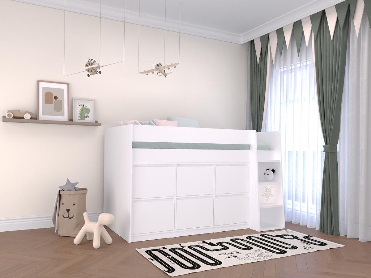 Vente-unique Halfhoogslaper 90 x 190 cm met 6 lades - Wit - CAMALETI L 196 cm x H 120.8 cm x D 114.4 cm