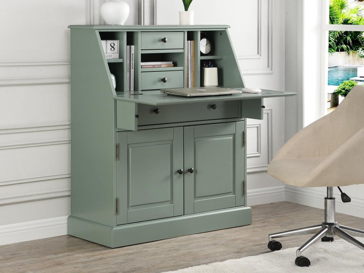 Bureaukast CLEORE - Grenen en MDF - Amandelgroen B 93 cm x H 110,8 cm x D 40 cm