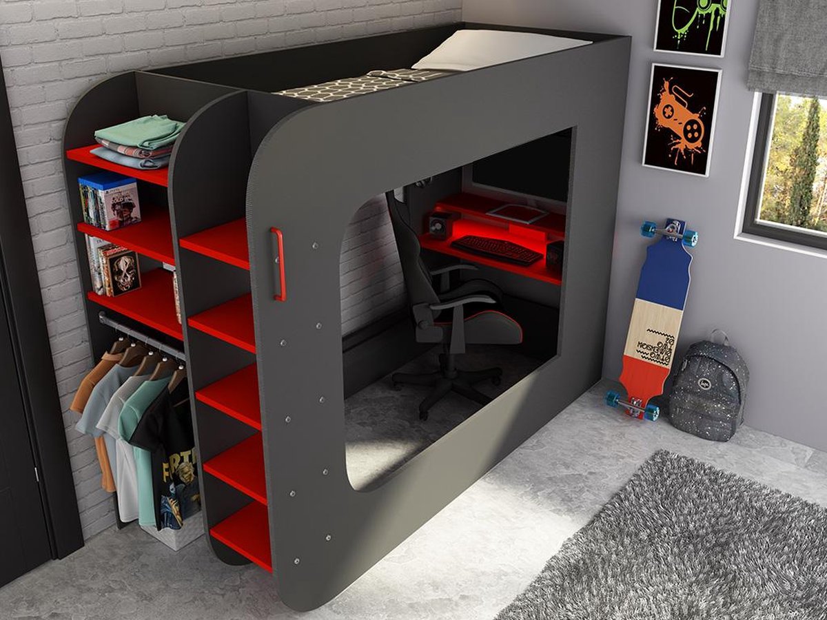 Hoogslaper 90 x 200 cm - Met gamingbureau en opbergruimte - LED's - Antraciet & rood - WARRIOR B 238.1 cm x H 183.6 cm x D 97.6 cm