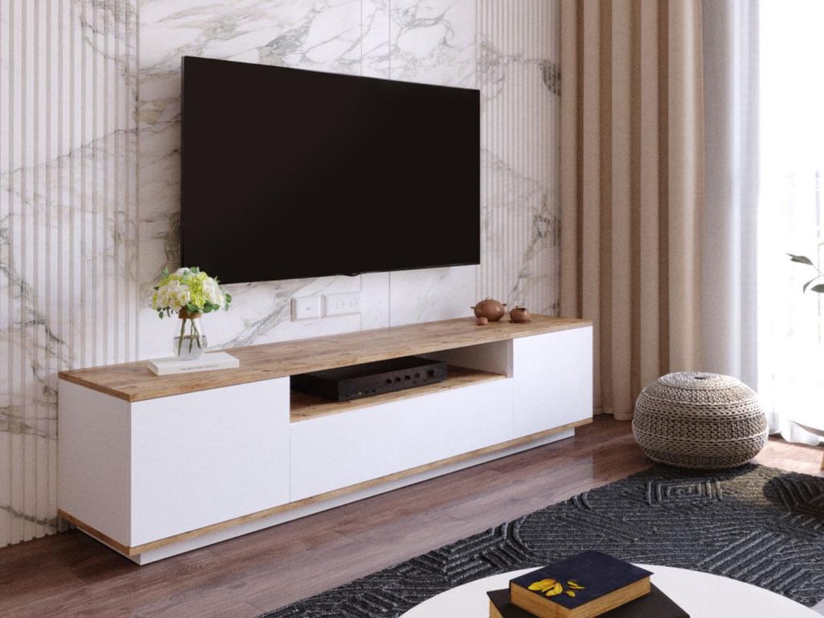 TV meubel wit met hout - eiken & wit - 180x44,6x44,5cm - tv-meubel hout - tv-meubel wit