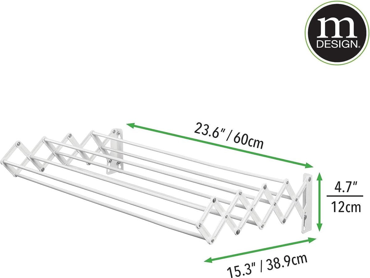 Metal clothes rail - Retractable washing line - Space-saving wall-mounted foldable drying rack - White