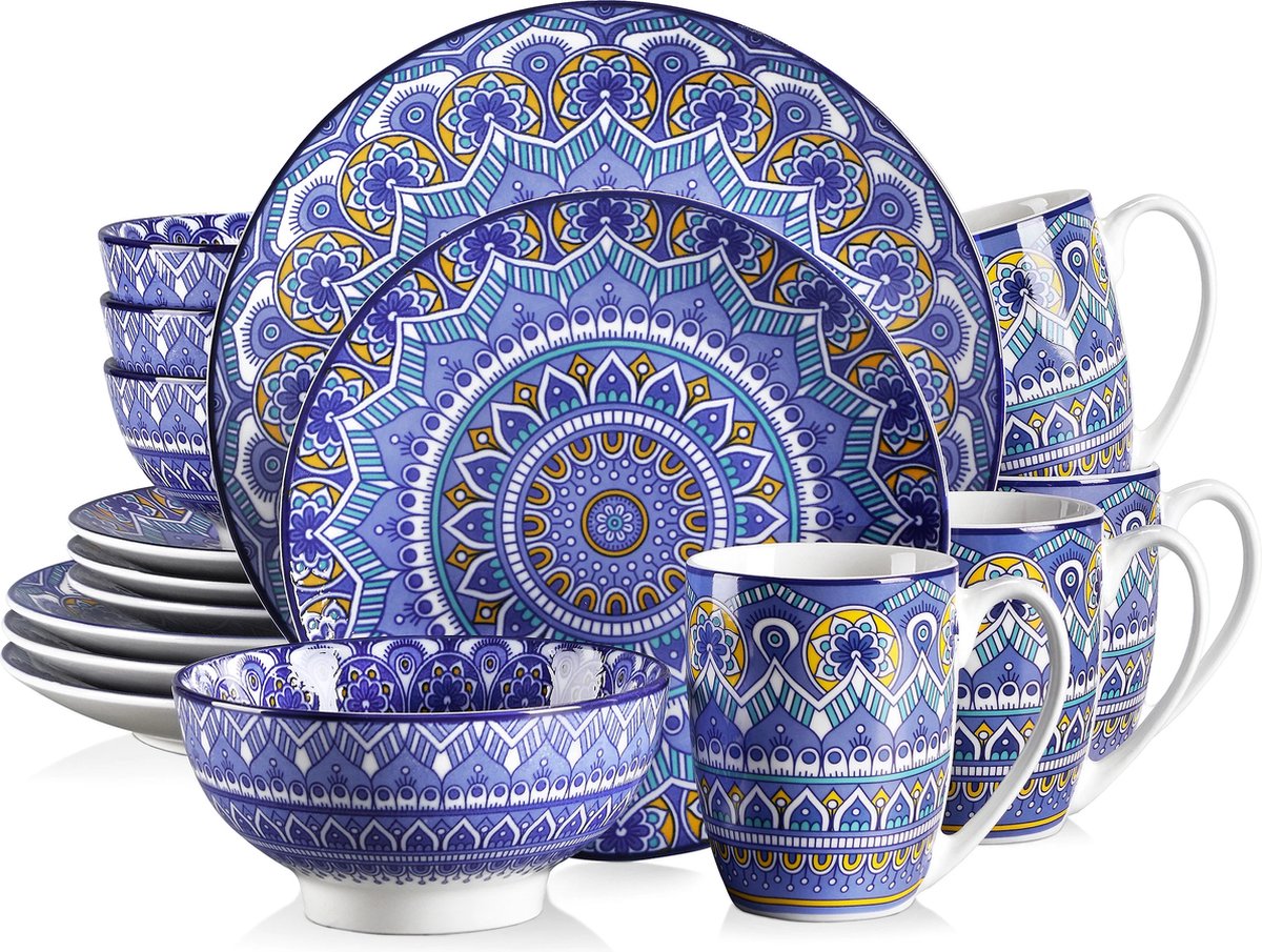 Servies - Serviessets - Servies 4 personen - Blauw Mandala Patroon - Porselein - 16-delig Servies - Dinerbord - Dessertbord - Kom - Mok