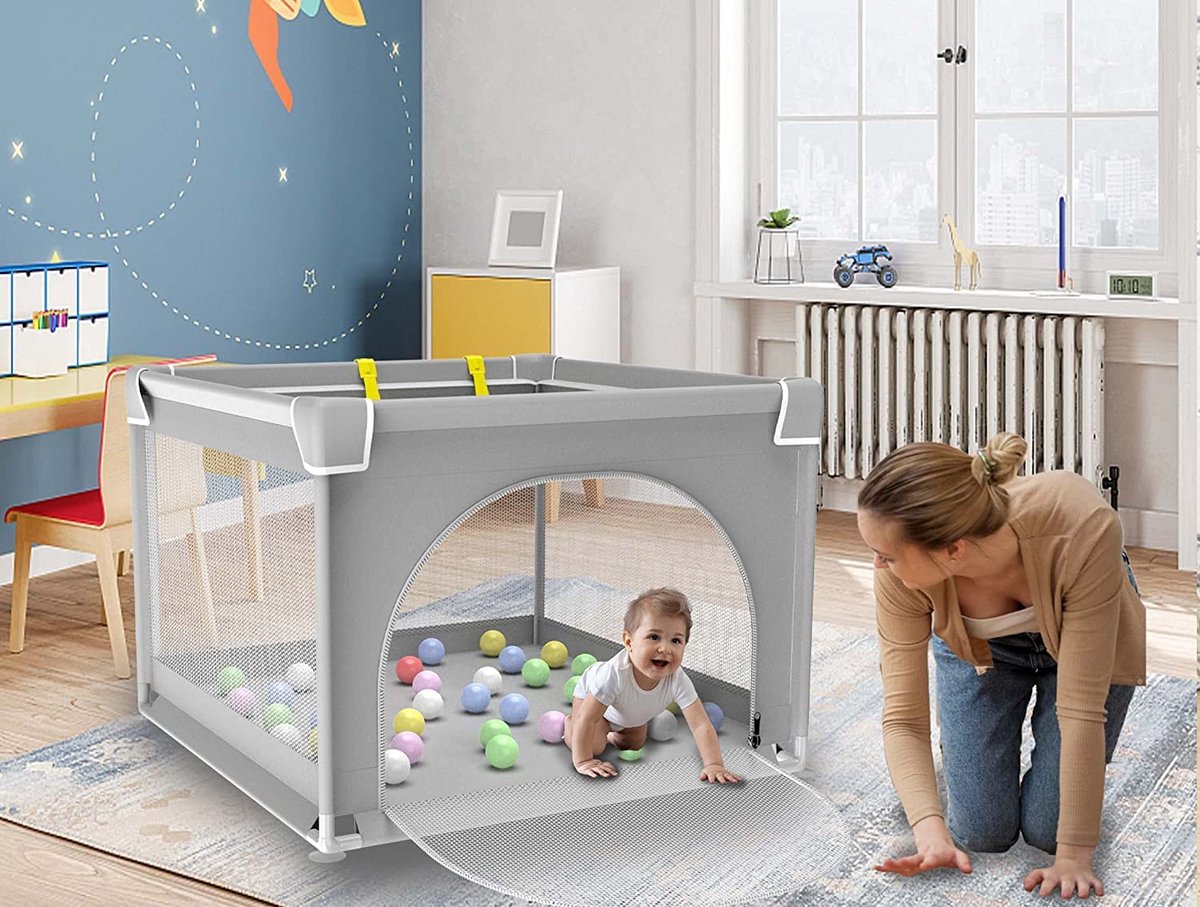 Box voor baby's 90 cm, Kleine box voor baby's met veiligheidsdeur, met ademend gaas, antislip box, babybox, opvouwbaar, stabiele veiligheidsspeeltuin voor binnen en buiten