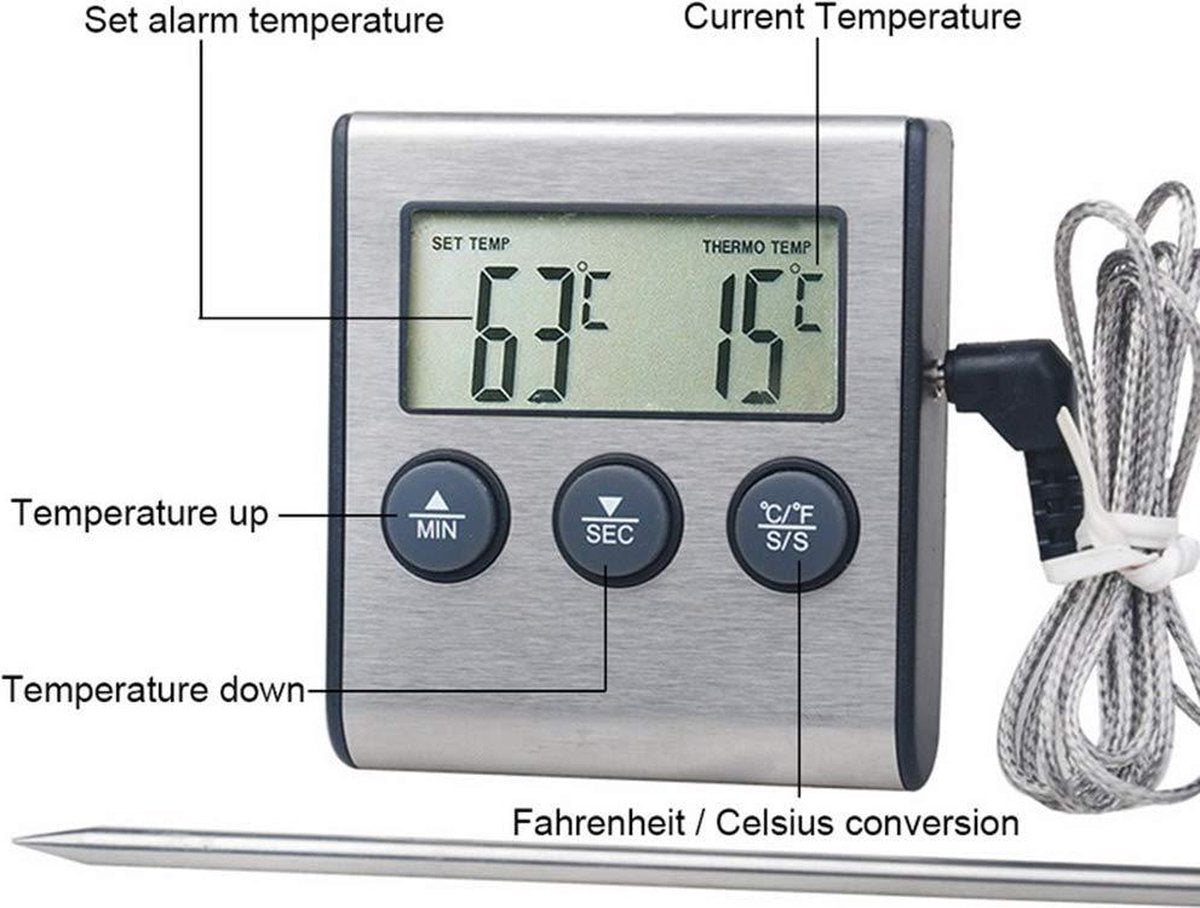 Meat Thermometer Timer Probe Food Thermometer for Cooking Meat BBQ and Grilling - Water - Milk - Wine - Liquid Temperature with Probe