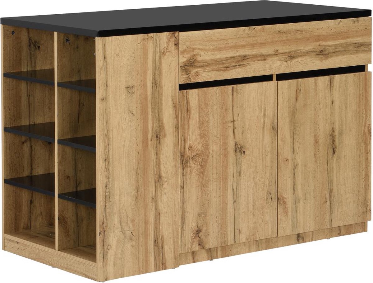 Vente-unique Keukeneiland met opbergruimte - Zwart en naturel - MEILI B 130 cm x H 90 cm x D 65 cm