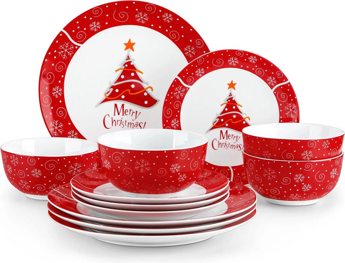 Serviesset - Serviesset 6 personen - Serviessets - Vrolijk kerstfeest - Porselein - 18-Delig Servies - Dinerbord - Dessertbord - Kom