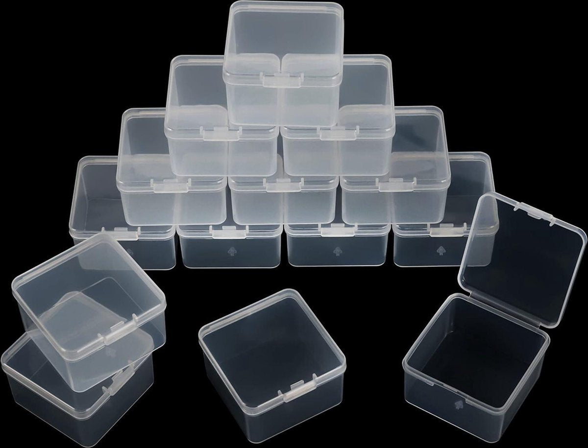 Kleine Doorzichtige Plastic Opbergdoosjes met Scharnierend Deksel - Set van 24 - L62 x B62 x H4 cm - Mini Vierkante Doosjes voor Pillen, Kralen, Sieraden & Knutselspullen. doorzichtig doosje