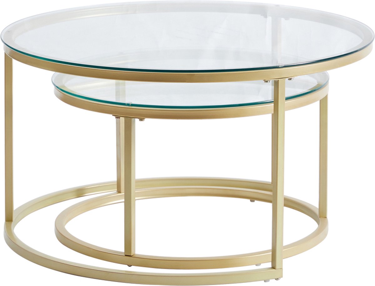 Moderne Salontafels - Set van 2 - Koffietafel - Bijzettafel - 2 Stuks - Ronde Salontafels - Gehard Glas - Goud - 80 en 60cm