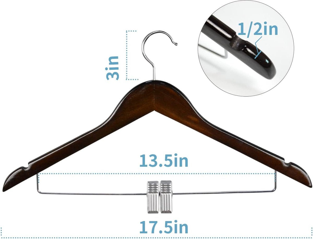 10 stuks 44,5 cm natuurlijke houten kleerhangers met metalen klemmen, twee inkepingen, 360 graden draaibare haken, garderobehanger, broekhanger, hanger voor broeken, shorts, rokken, sokken