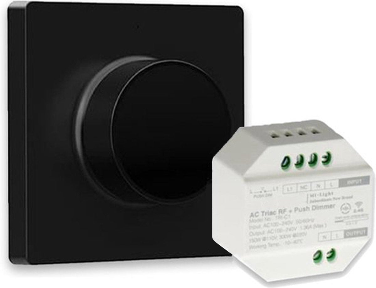 LED Dimmer Paneel Draadloos Met Afstandsbediening - Opbouw + AC Triac RF + Push Dimmer - Set Met Afdekplaat - Zwart