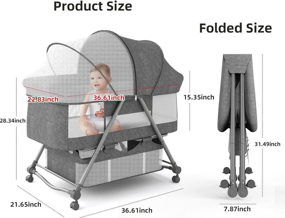 Babybed met zachte matras reisbed incl. opslag, wiegfunctie, opvouwbaar, slip en transporttas, vanaf de geboorte tot 20 kg, complete set voor baby's van 0-6 maanden, grijs