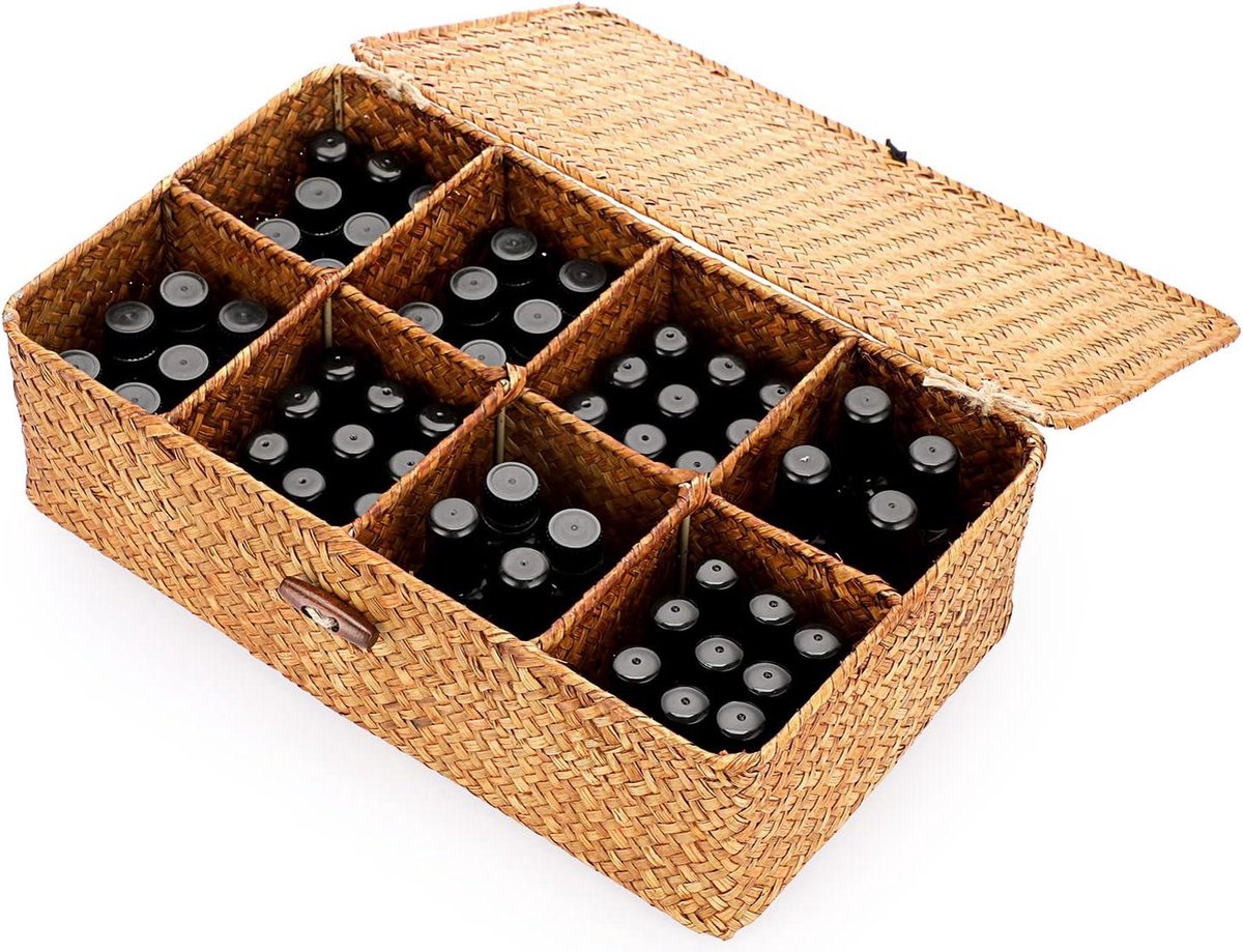 Wicker basket storage basket with lid 8 compartments table organizer caramel colored