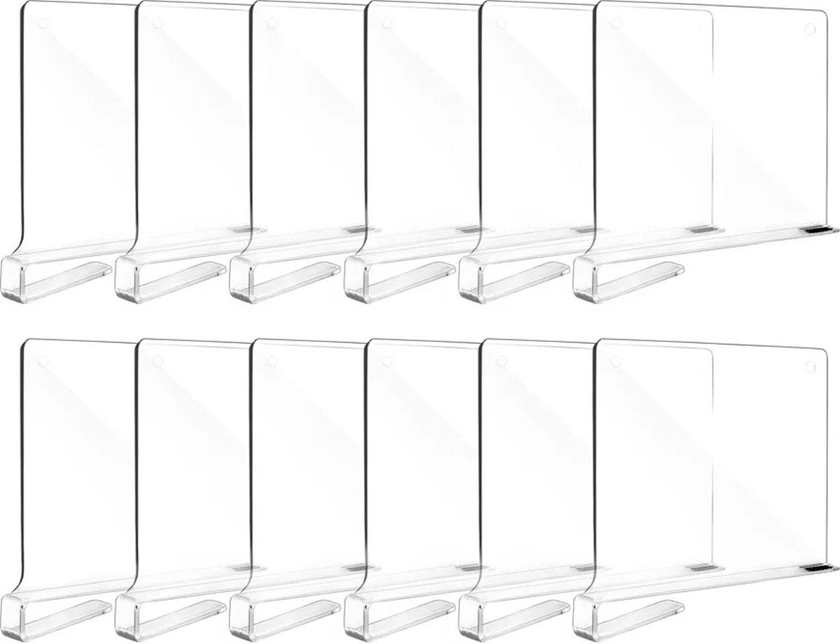 Shelf Divider - 12 Pieces - Transparent - Acrylic - Wardrobe Organizer - Shelf Organizer - Book Stand - Shelf Divider