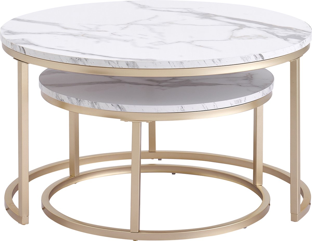 Moderne Salontafel - Set van 2 - 60 en 40 cm - Koffietafel - Bijzettafel - 2 Stuks - Ronde Salontafel - Salontafels Industrieel - Marmerlook - Wit - Goud