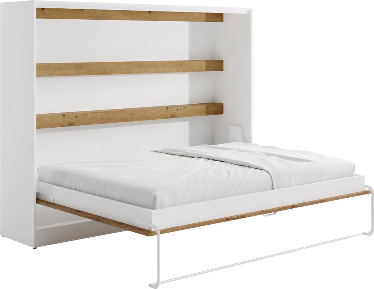 Wall bed 140 x 200 cm - Manual horizontal opening - With LED lighting - White and wood look - RAPILI L 219 cm x H 165.2 cm x D 179.2 cm