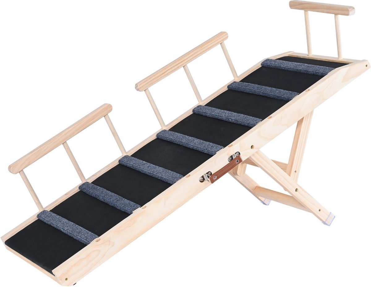 Dog ramp, 1,2 m lange hondentrap met 7 dwarsbalken, hondenautoloopplank van grenenhout, rubberen hondeninstaphulp, 6-traps hoogte-instellingen, dierenloopplank, ca. 113 kg draagvermogen, voor grote en kleine honden