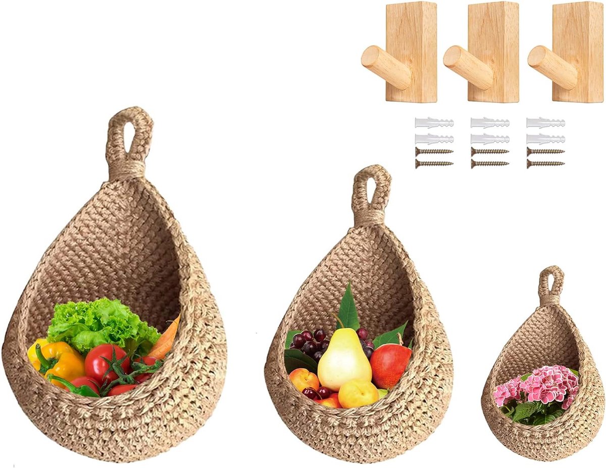 Hangmand, fruitmand, hangende wandmand, opbergmanden, gevlochten wilgenmand, om aan de muur te hangen, voor groenten en fruit, van natuurlijk riet, met 3 haken