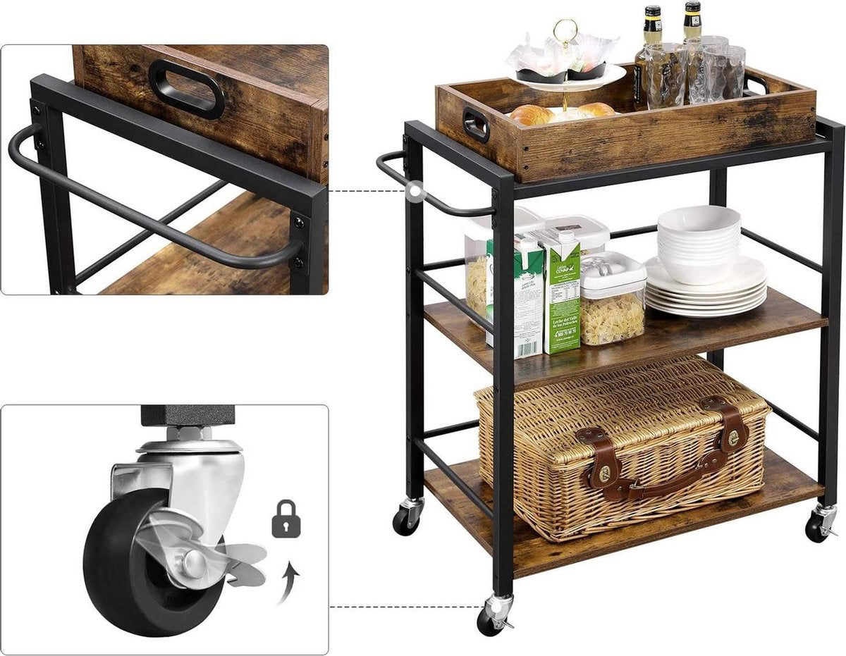 Serving trolley with removable tray - lockable kitchen trolley - metal frame - 65 x 40 x 86 cm - dark brown