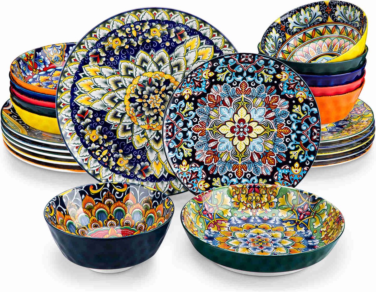 Dinner set - Dinner sets - Dinner set for 12 people - Bohemian Pattern - Porcelain - 48-Piece Dinnerware - Dinner plate - Dessert plate - Bowl - Soup bowl