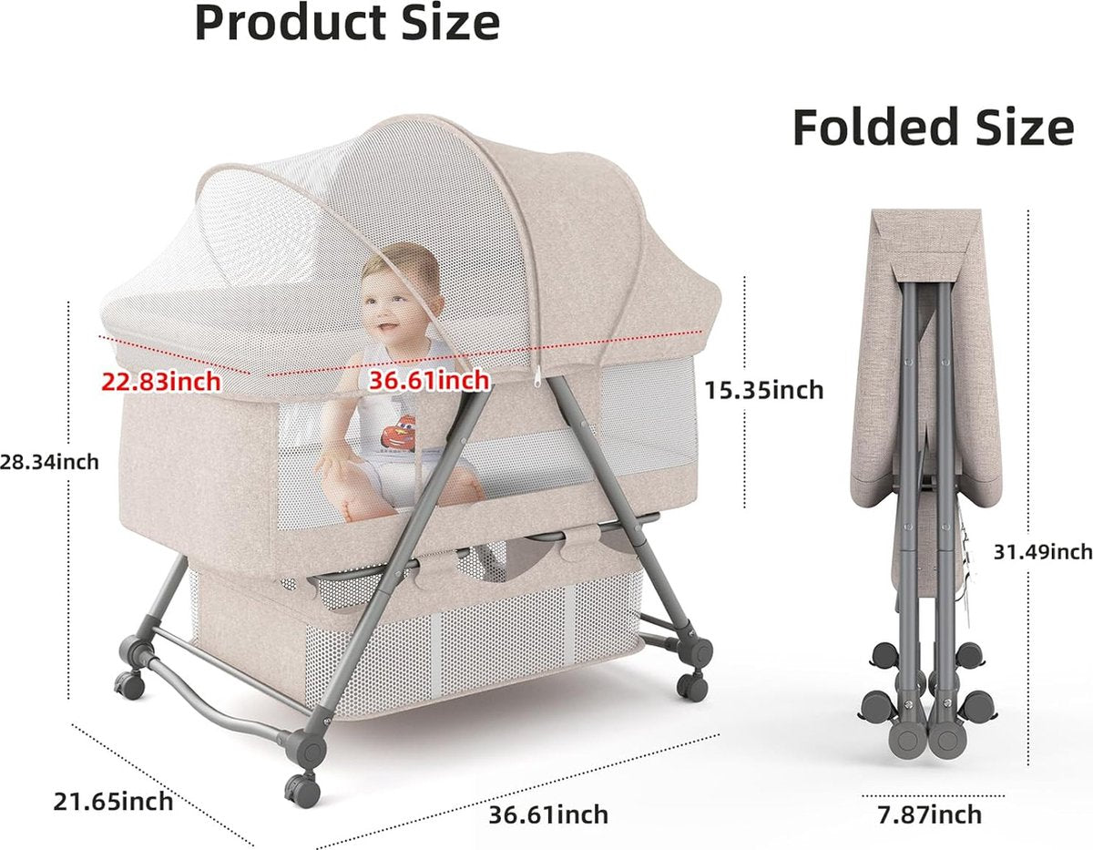 Babybed met zacht matras, reisbed incl. opbergruimte, wiegfunctie, opvouwbaar, slip en transporttas, vanaf de geboorte tot 20 kg, wieg, complete set voor baby's van 0-6 maanden, kaki