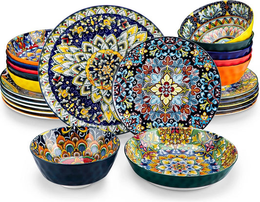Serviesset - Servies voor 6 personen - Serviessets - Boheems Patroon - Porselein - 24-Delig Servies - Dinerbord - Dessertbord - Kom - Soepkom