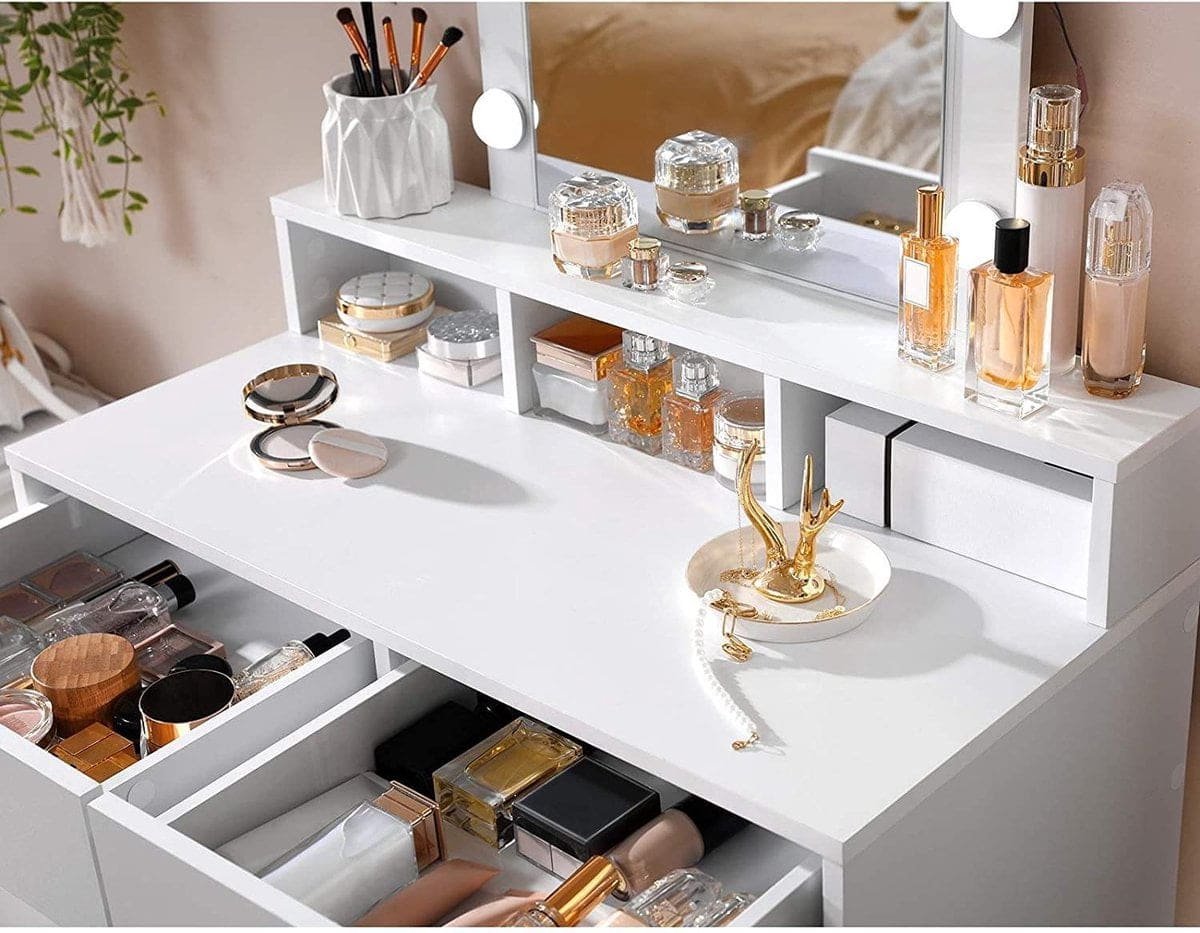 ZaZa Home & Office - kaptafel met spiegel en gloeilampen - cosmetische tafel - 2 lades - 3 open vakken - wit