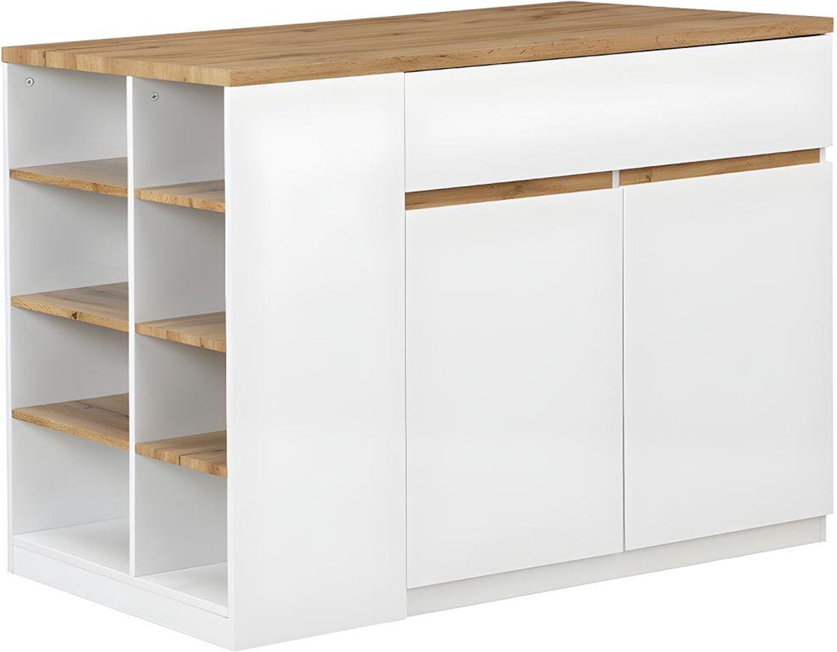 Vente-unique Keukeneiland met opbergruimte MEILI - Wit en eiken B 130 cm x H 90 cm x D 65 cm