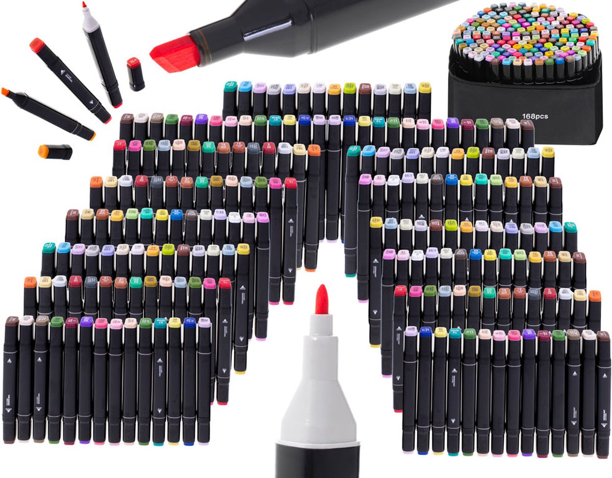 Stiften Voor Volwassenen Touch Twinmarkers Dubbelzijdige Alcoholstiften - 168 stuks - Dual Tip Markers - Tekenstiften - Kleurstiften - Fineliners - Dikke Dunne Stiften - Handlettering Kalligrafie Bullet Journal Dagboek - Kleuren