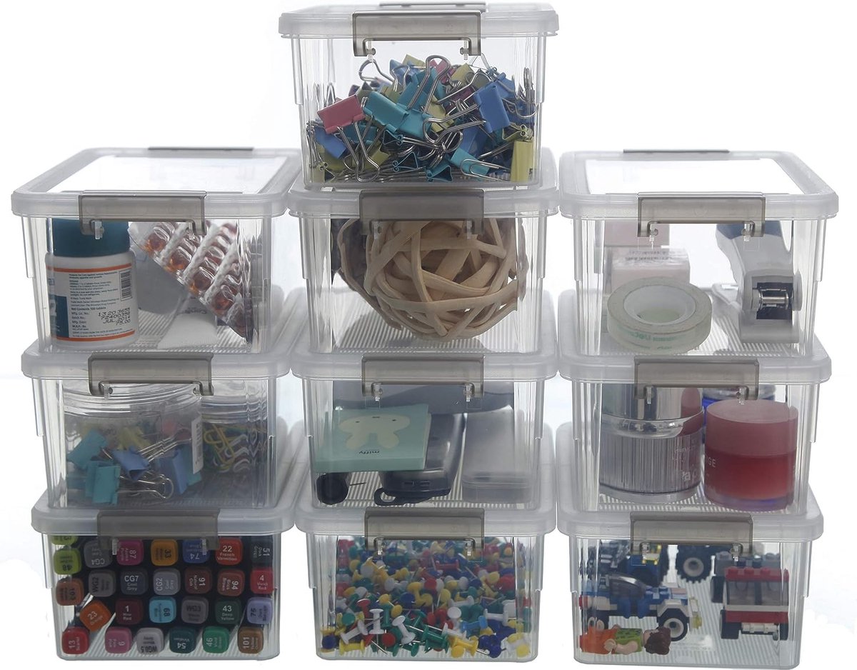 Set of 10 Storage Boxes 1.25 Litre - With Lid - Small - Stackable - Clear Handle - Clips - Small Parts - Crate - Elastic - Robust Plastic Boxes for Lego and Craft Supplies