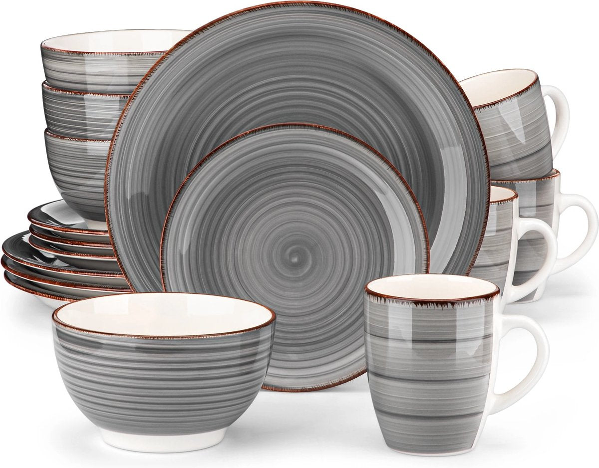 Serviesset - Serviessets - Serviesset 8 personen - Grijze Cirkels - Porselein - 32-delig Servies - Dinerbord - Dessertbord - Kom - Mok