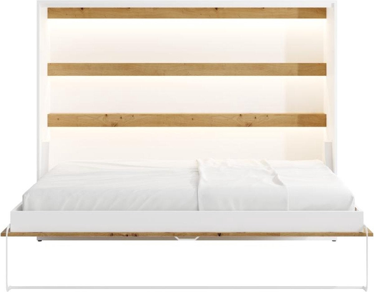 Wall bed 140 x 200 cm - Manual horizontal opening - With LED lighting - White and wood look - RAPILI L 219 cm x H 165.2 cm x D 179.2 cm