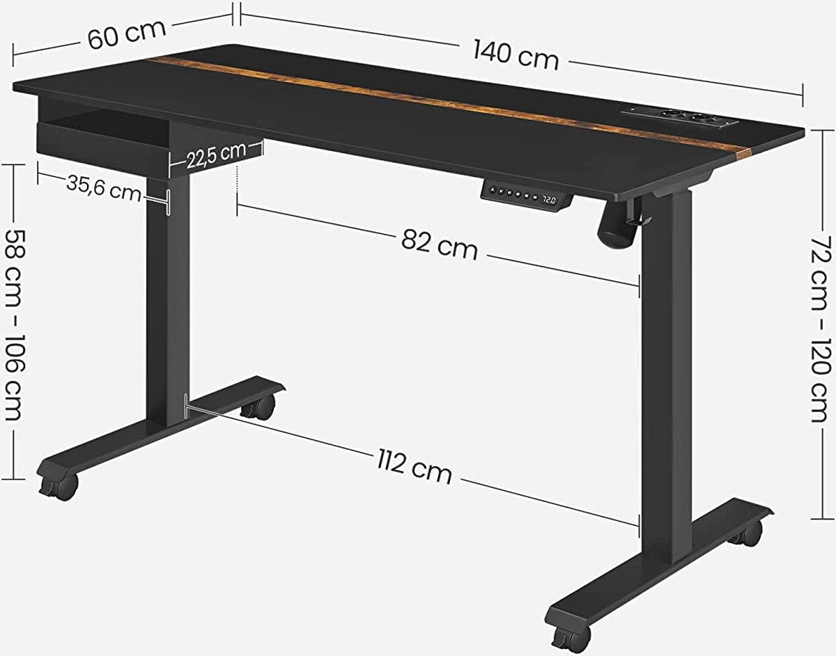In hoogte verstelbaar bureau - Elektrisch bureau - Met stopcontacten - Traploos verstelbaar - 60 x 140 cm - Zwart
