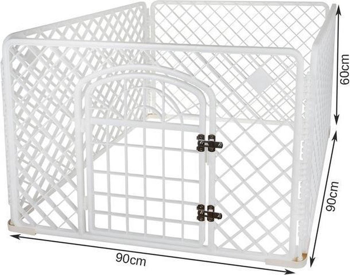 Hondenren - Puppyren - Box voor hond/puppy - Bench - Kooi - Ren - Wit - Transporteerbaar - Met poortje - 90X90X60CM
