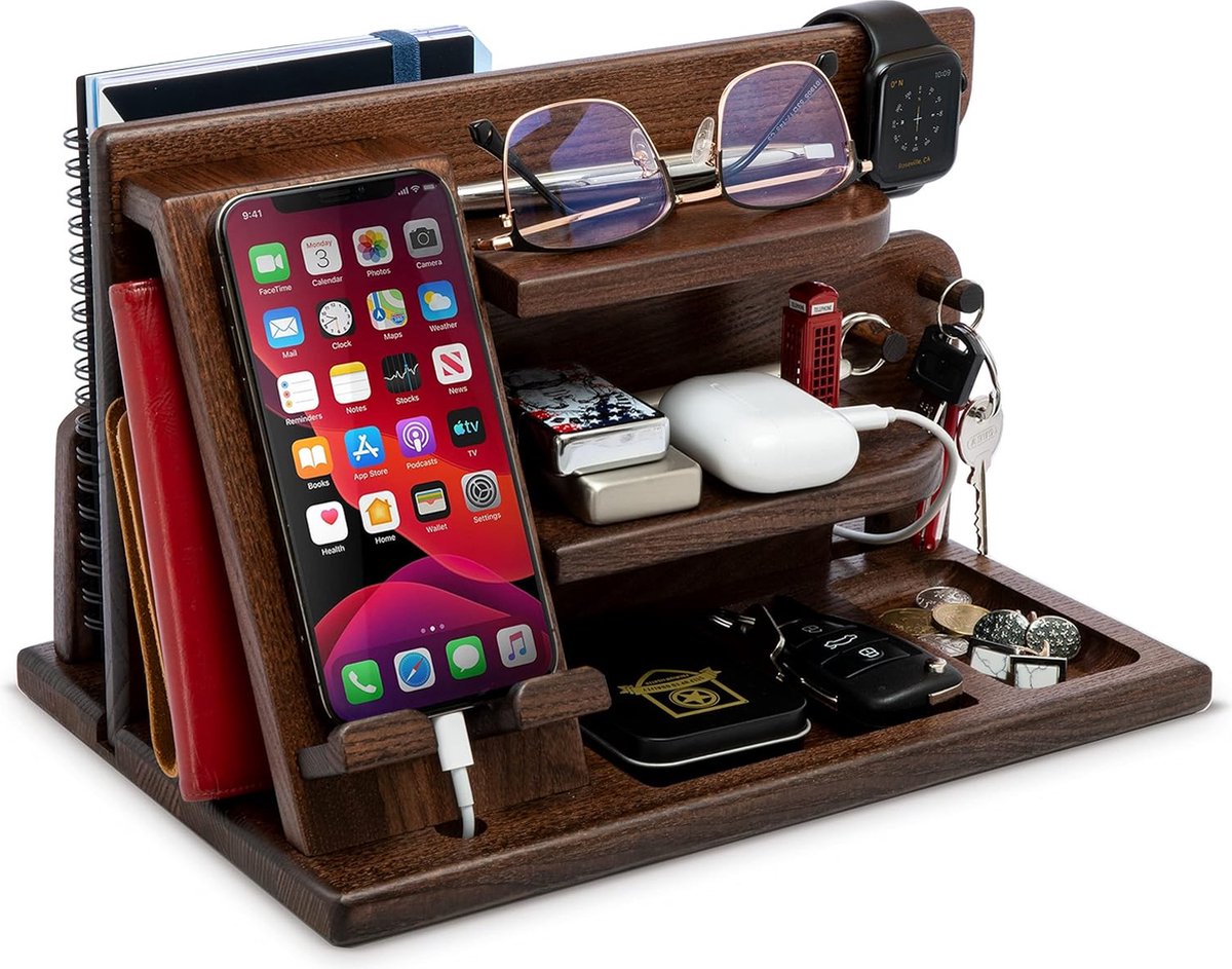 Houten telefoon dockingstation boom met sleutelhanger mannen cadeau echtgenoot vrouw jubileum vader verjaardag nachtkastje portemonnee vader afstuderen mannelijke reisidee gadgets (ambersteen)
