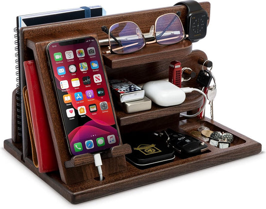 Houten telefoon dockingstation boom met sleutelhanger mannen cadeau echtgenoot vrouw jubileum vader verjaardag nachtkastje portemonnee vader afstuderen mannelijke reisidee gadgets (ambersteen)