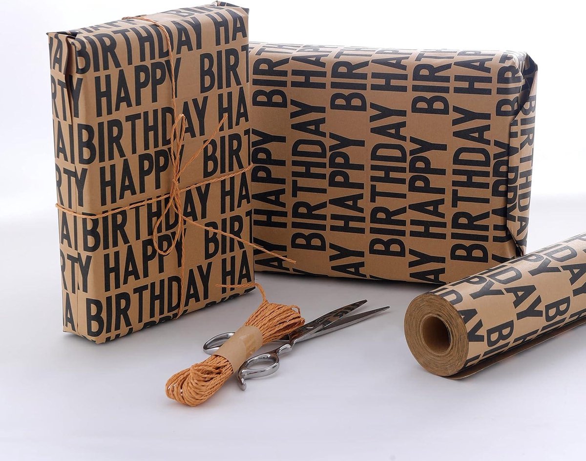 Inpakpapier Verjaardag rol 15 m zwart Happy Birthday recyclebaar kraftpapier cadeaupapier-tape papier touw jongens meisjes mannen vrouwen verjaardagsdecoraties