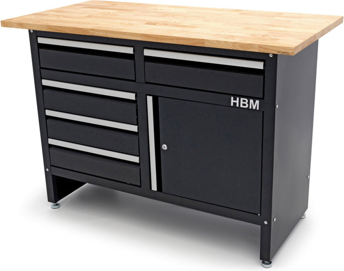 120 cm Werkbank met 5 laden, 1 deur en massief houten werkblad
