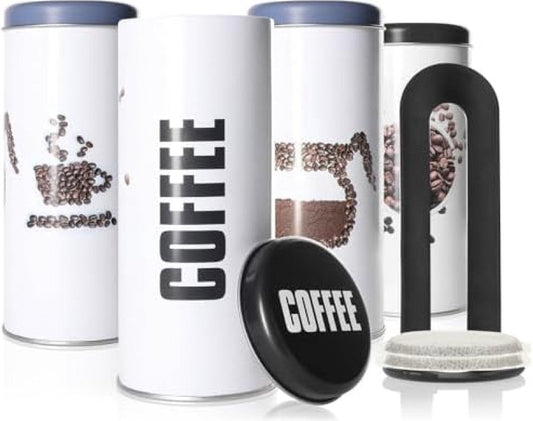 4x koffiepadblikje en 1x padlifter - metalen blikje voor koffiepads - decoratief blikje met deksel in vintage design - opbergbakje voor koffie, thee, koekjes (5-delige set - wit/paars/zwart)