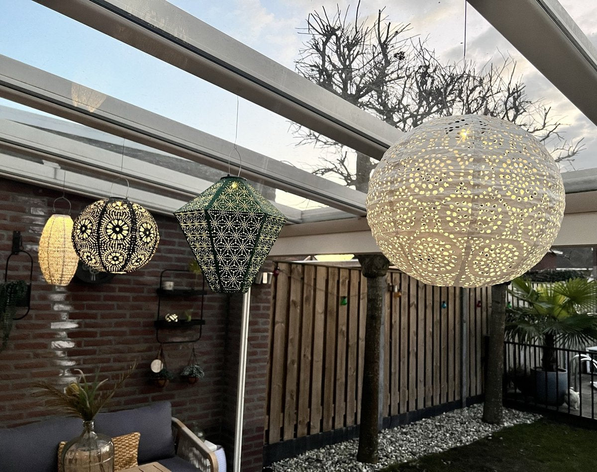 7 x Solar buiten Lampion met motief - Pakket - tuinverlichting - zonne energie - buitenlamp