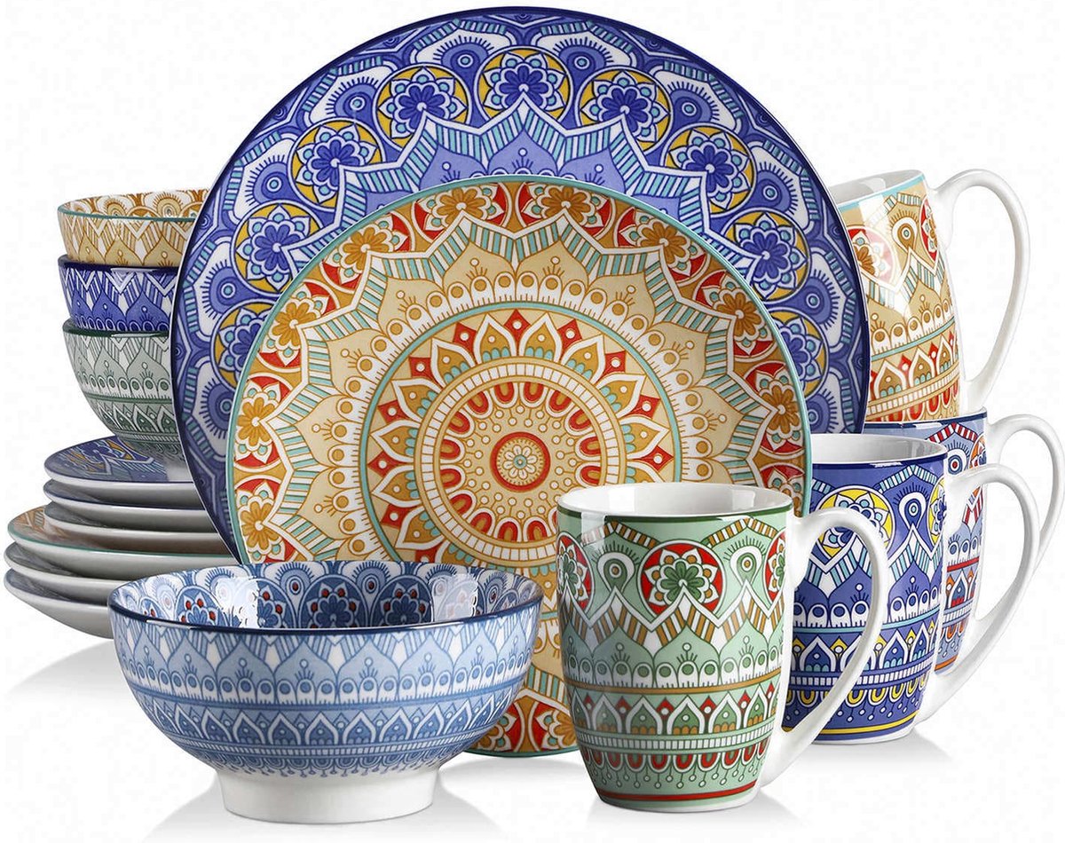 Serviesset - Serviessets - Serviesset 4 personen - Boheems Patroon - Porselein - 16-Delig Servies - Dinerbord - Dessertbord - Kom - Mok