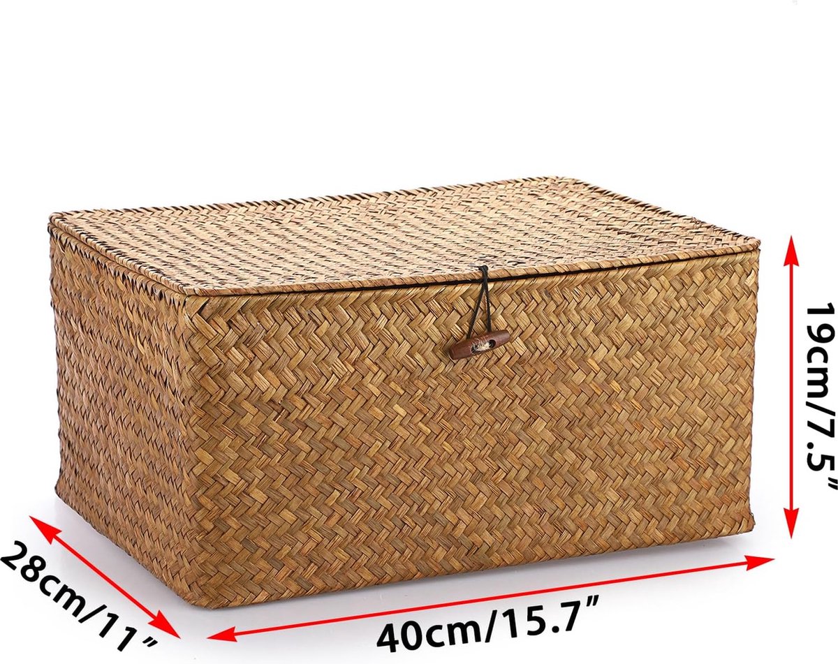 Seagrass Storage Basket with Lid Woven Wicker Basket Desk Basket Rectangular Bathroom Storage Box, Living Room Decorative Under Shelf Basket Multifunctional Storage Basket (XL,