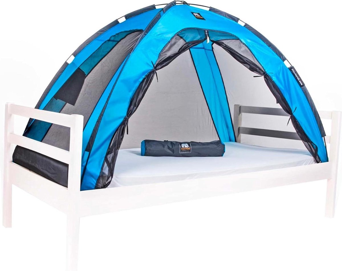 Deryan Bedtent - tweepersoons klamboe - muggentent voor bed - insectenbescherming - compact en lichtgewicht - 200 x 90 x 110 cm - reismuggennet - blauwe draagtas Klamboe