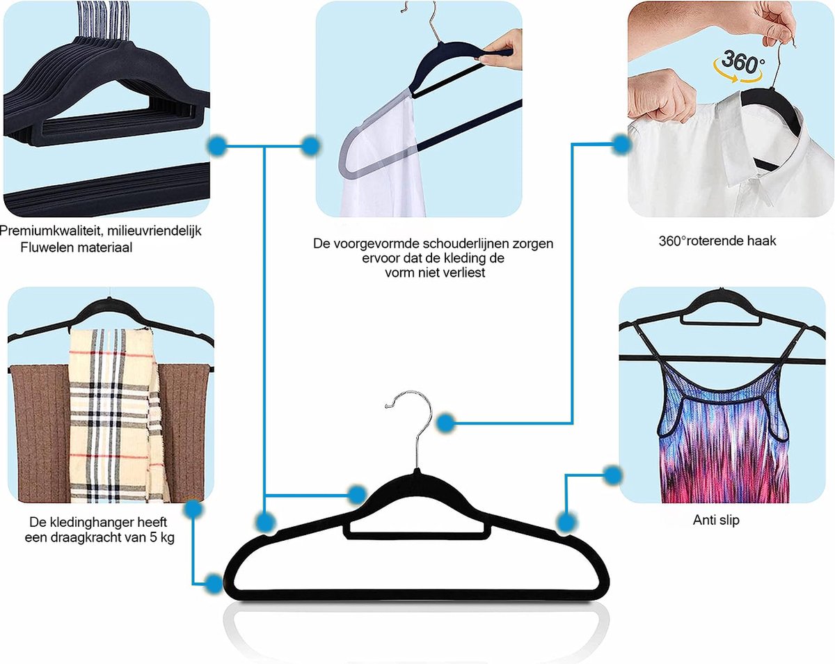 Life's Green® Fluwelen Kleerhangers - 30 Stuks - Kledinghangers - Anti-slip - Velvet - Zwart